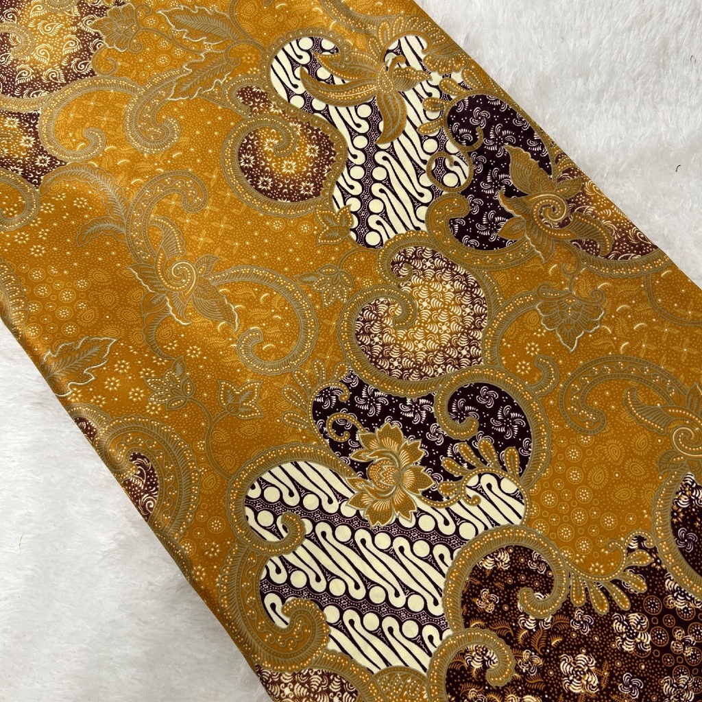 Kain Batik Premium Silk Motif Tambal Sogan Parang, Kawung Warna Kuning Kunyit ( Per Meter )