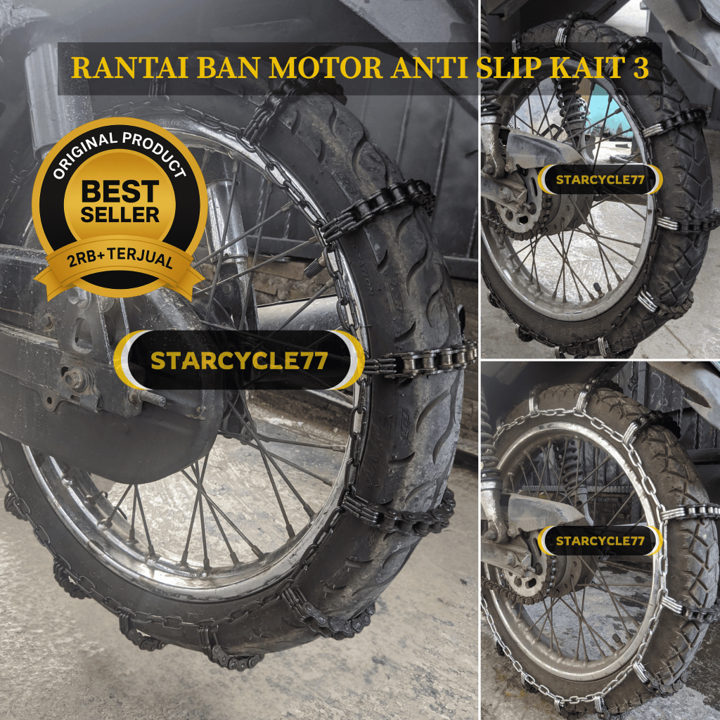 Rantai ban motor anti selip kait 3 full hitam, list hitam, list putih ring 14 17 18 / rantai ban lum