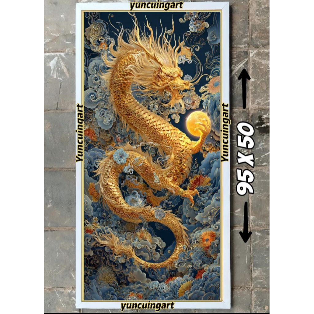 hiasan dinding lukisan cetak naga emas plus Bingkai ukuran 95*50