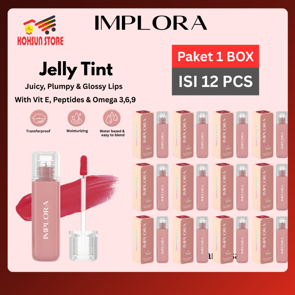 [1 BOX] IMPLORA Jelly Tint isi 12 pcs / 1 Lusin Lipgloss Lipcream Lipglaze Tahan Air Long Lasting