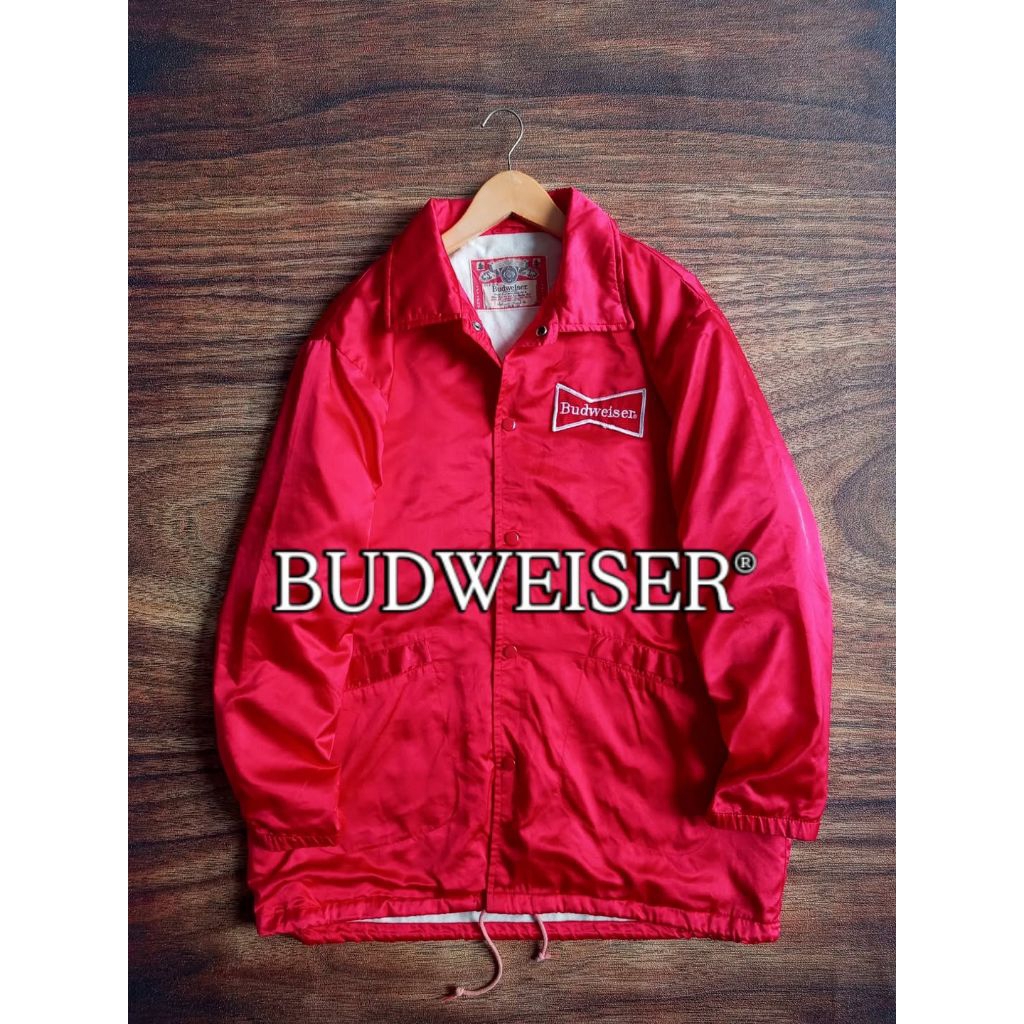 JAKET BUDWEISER VINTAGE 80's-90's COACH DALEMAN INER SNAP BUTOON BESI ART BORDIR PRIA