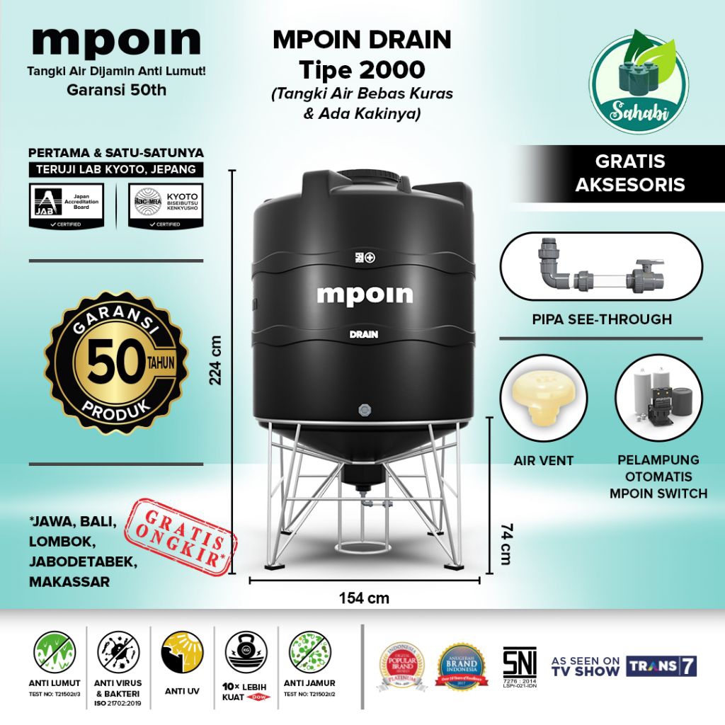 Tandon Air / Toren Air / Tangki Air Mpoin Drain 2000 Liter Anti Lumut & Bakteri Invoice