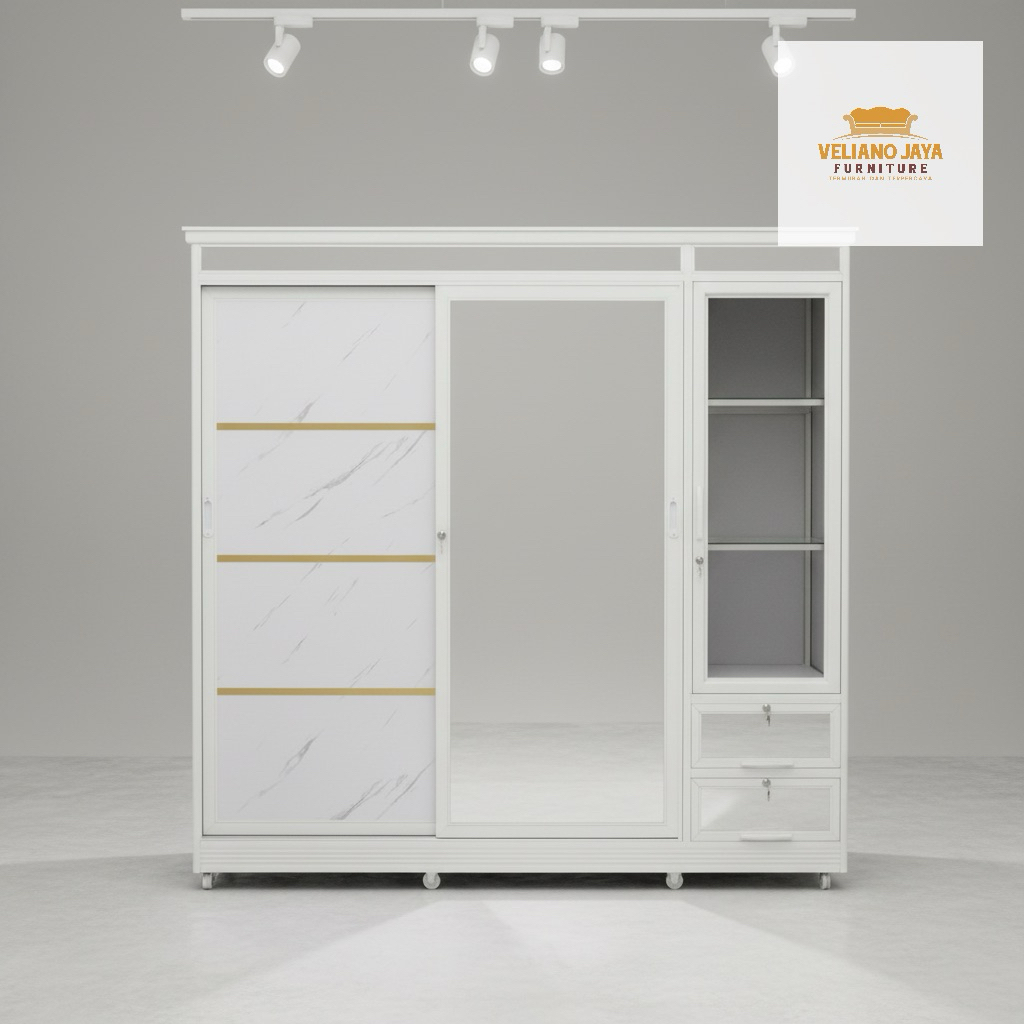 Lemari 2 Pintu Sleding + Tas + 4 Laci // Bahan Alumunium Kaca & Acp
