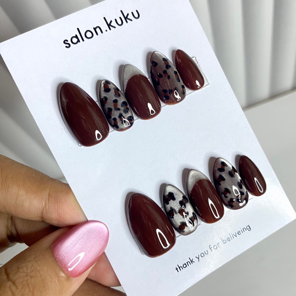 Kuku Palsu Leopard French Cat Eye | Kuku Palsu Leopard Outfit | Kuku palsu nail art + lem
