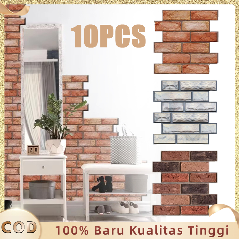 10pcs Wallpaper Dinding 3D ​Motif Batu Bata Stiker Dinding PVC 3D Wallpaper Stiker Bed Home Decor