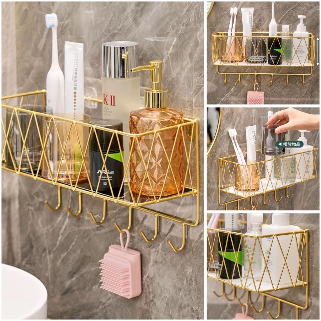 Rak Kamar Mandi SS304 Gold Alas Kaca Marble Putih Hitam / Rak Sabun Tembok Gold