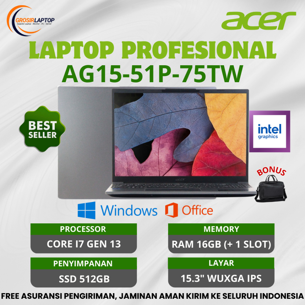 AFF X Laptop Acer Aspire Go 15 - 75TW Core i7 - 1355U Ram 16GB Ssd 512GB 15.3" IPS - Core i7 Terbaru
