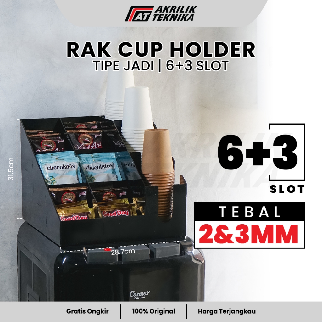 Rak Display Akrilik Minuman Kopi Sachet & Cup Coffee 6 Slot + 3 Slot | Tempat Minuman Sachet & Gelas