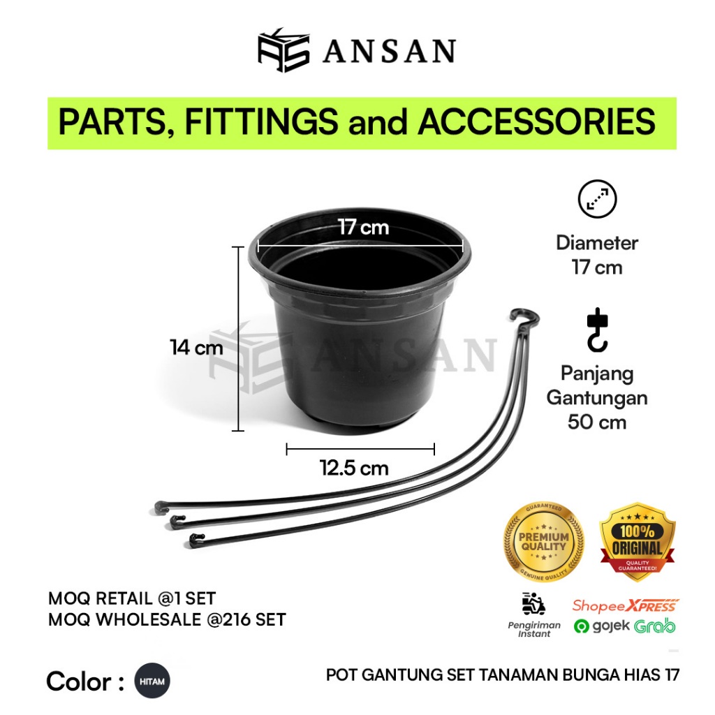 POT BUNGA GANTUNG PLASTIK HITAM 17 CM KEMASAN 1/2DZ @6SET (POT+TALI) UNTUK TANAMAN HIAS & TAMAN