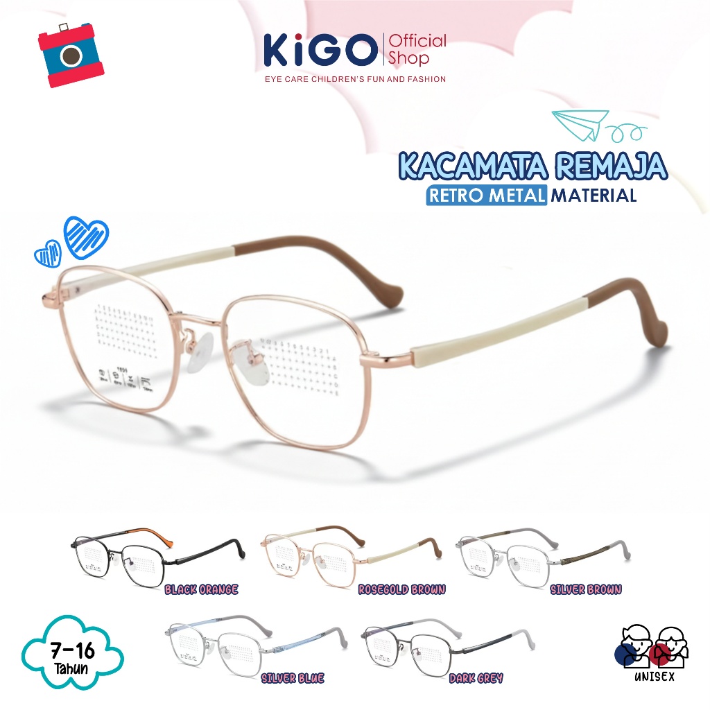 KIGO Kacamata Anak Lensa Blueray Bluecromic Myopia Minus Material Metal Ringan Fashion Terbaru 1606