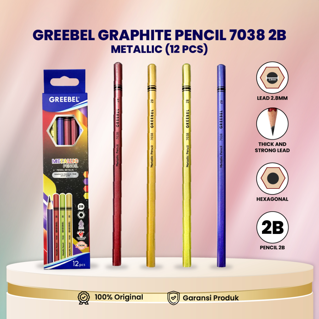 Pensil 2B Greebel - Pensil Kayu 2B 7038 METALLIC (12PCS/BOX) - Pensil Metallic Pensil Sekolah