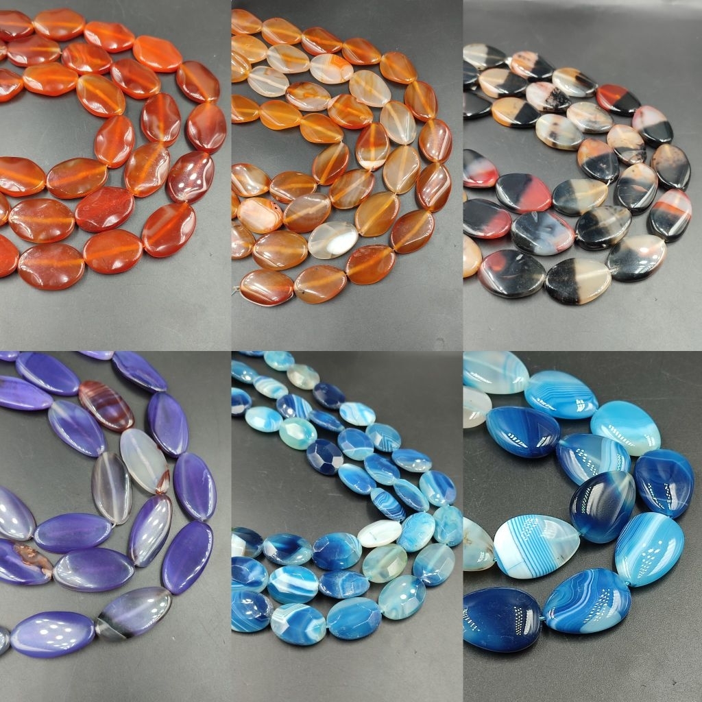 Rencengan Batu Alam Cornelian Asli Oval Gepeng DIY Craft Handmade Jewellery Manik Batu Alam