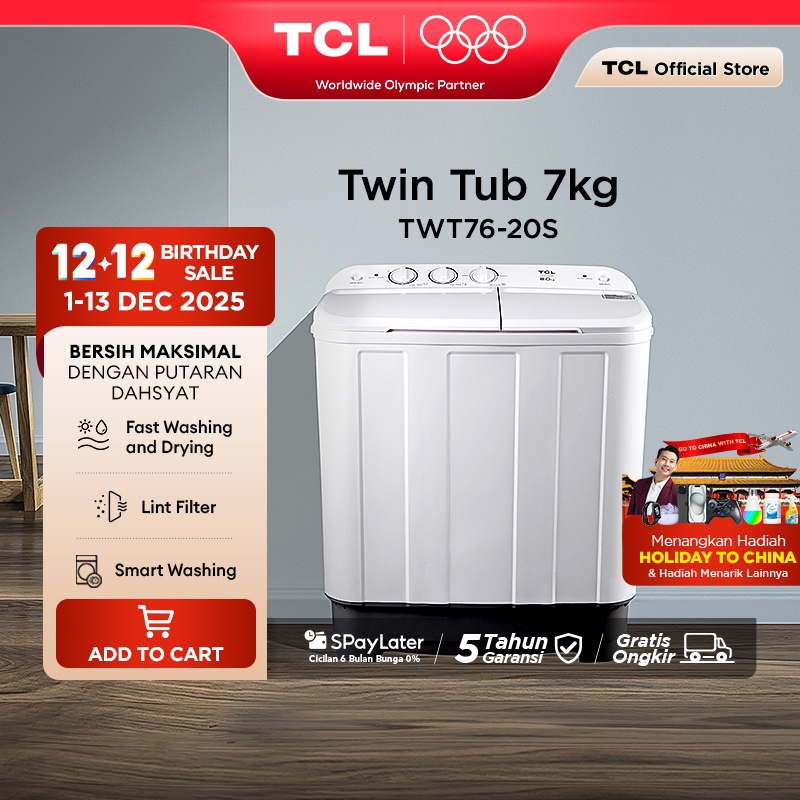TCL Mesin Cuci 2 Tabung - Twintub 7KG - Lint Filter - Anti Karat - Anti Tikus (Model: TWT76-20S)