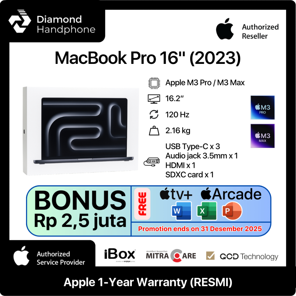 Apple MacBook Pro 16 inch 2023 M3 Pro / M3 Max 18GB 36GB 48GB / 512GB 1TB Space Black Silver Garansi