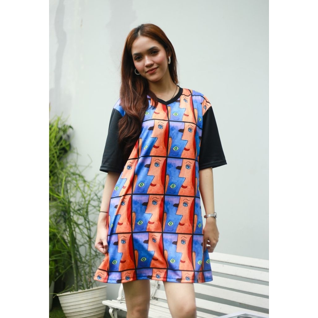 Dress Tunik Wanita Modis Motif Abstrak "Upside Down"  – Long Tunic Casual Lengan Pendek Dress Elegan