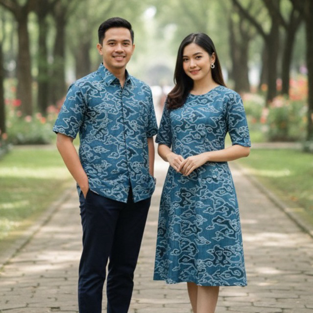 Kain Katun - Sarimbit Batik Premium Couple Mega Mendung Abhinaya Biru | Hem Pria & Dress Wanita Eleg