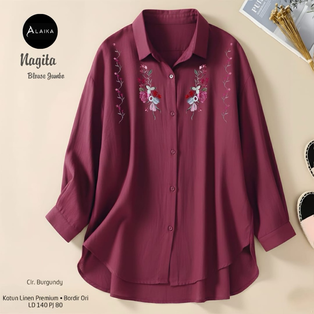 Nagita Blouse Jumbo.  Baju Busana Kemeja Atasan Wanita Blouse Oversize LD 140 Bahan Katun Linen Moti