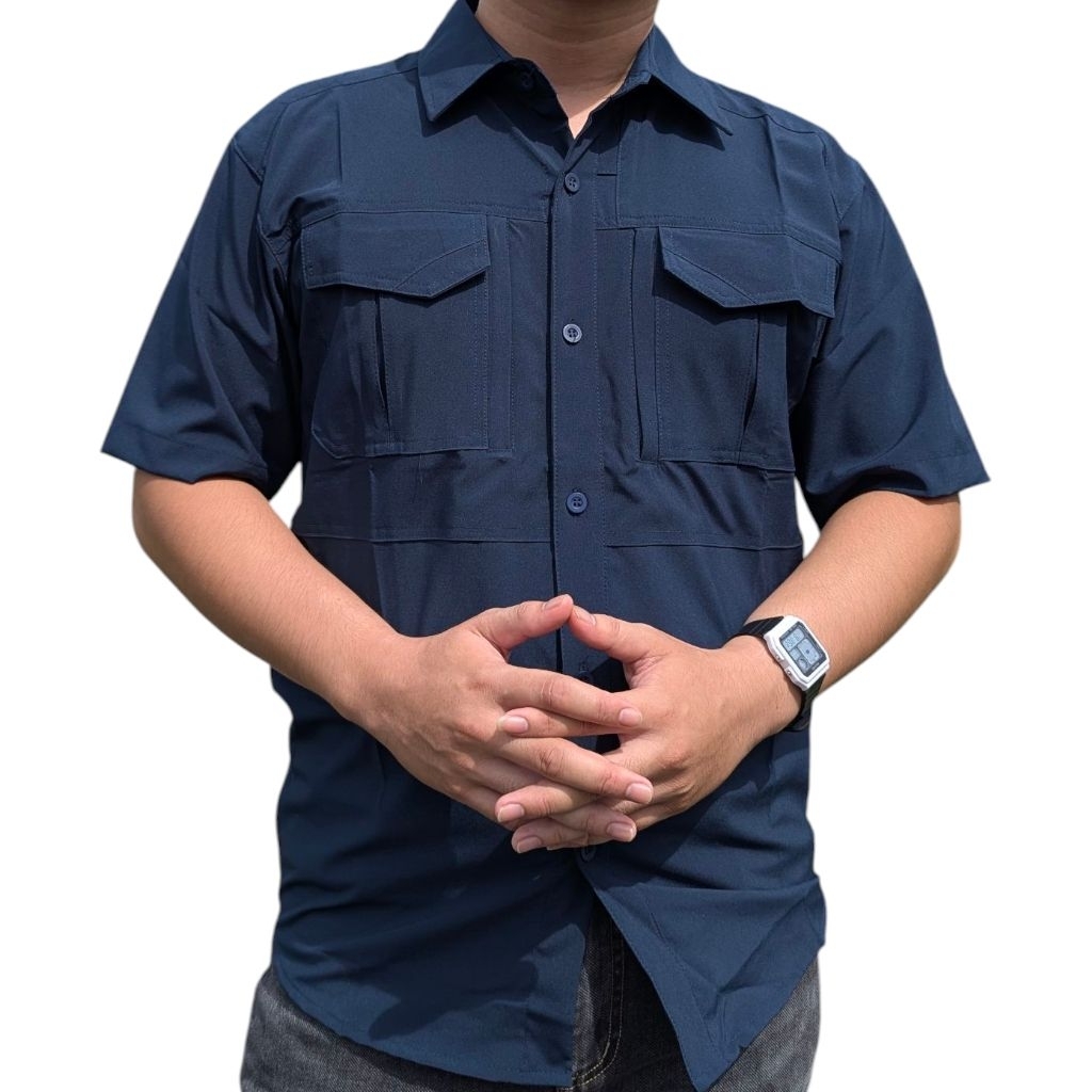 Baju Tactical Pria Embosh Stretch Premium biru navy – Adem, Lentur & Nyaman untuk Outdoor