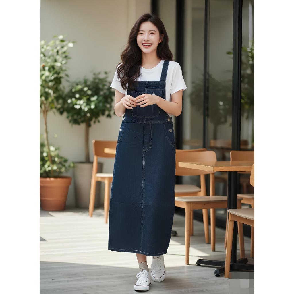 Overall Rok Cargo Jeans Panjang Saku Depan Overall Jumpsuit Dress Panjang Jeans