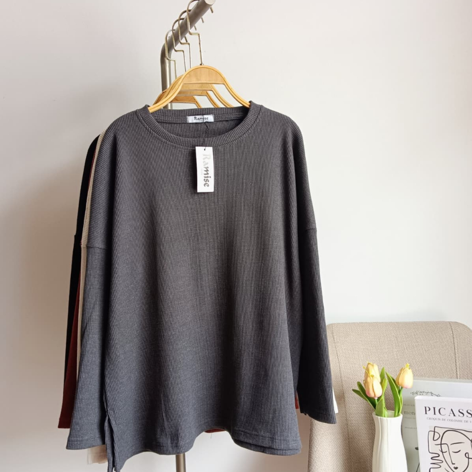 Kaos Waffle Wafer Lengan Panjang / Atasan Wanita Waffle Premium Polos / RAMISE