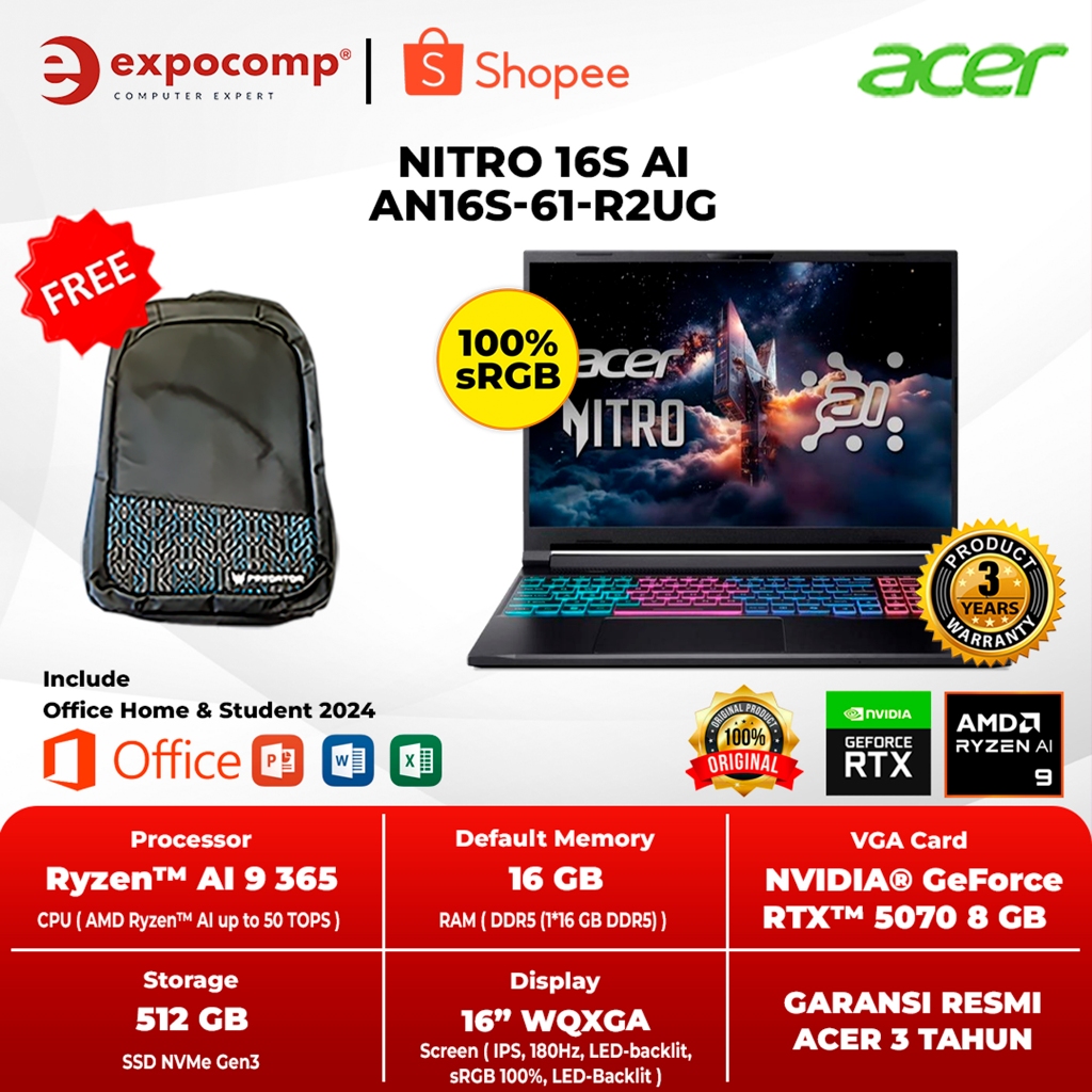 ACER GAMING NITRO 16S AI AN16S-61-R2UG GeForce RTX 5070 8GB BLACK AMD RYZEN AI 9 365 16GB 512GB 16 I
