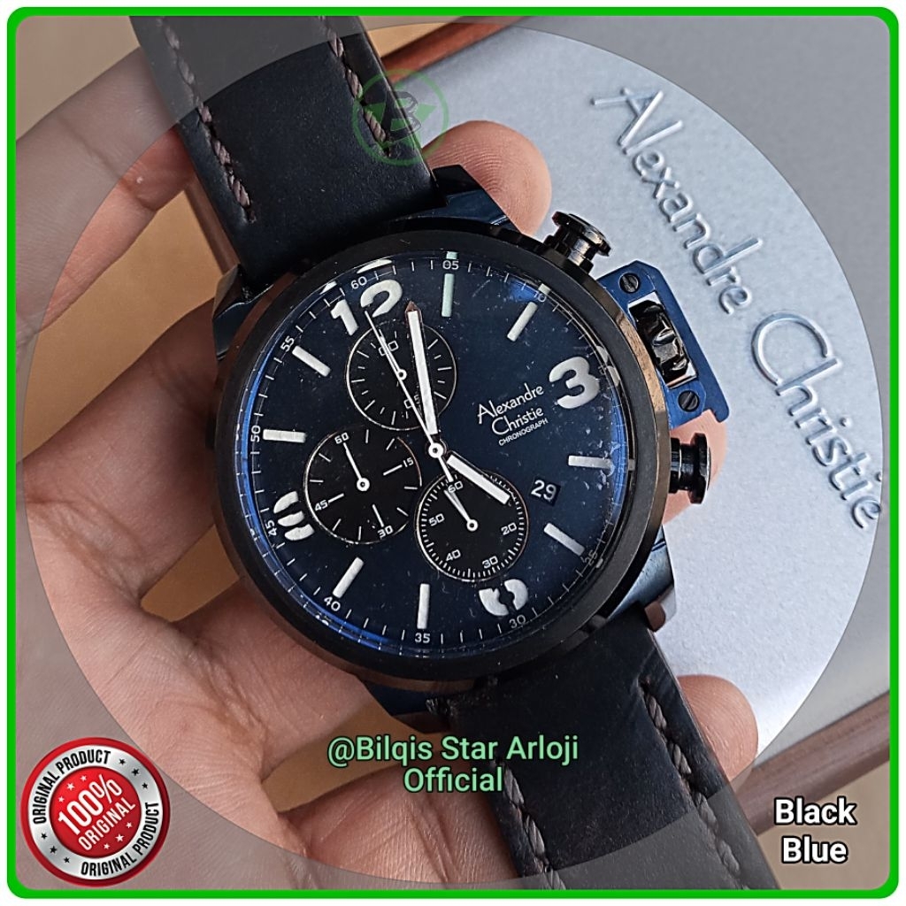 Alexandre Christie Pria Ac 6280 Mc Case Blue Tali Kulit Hitam Original