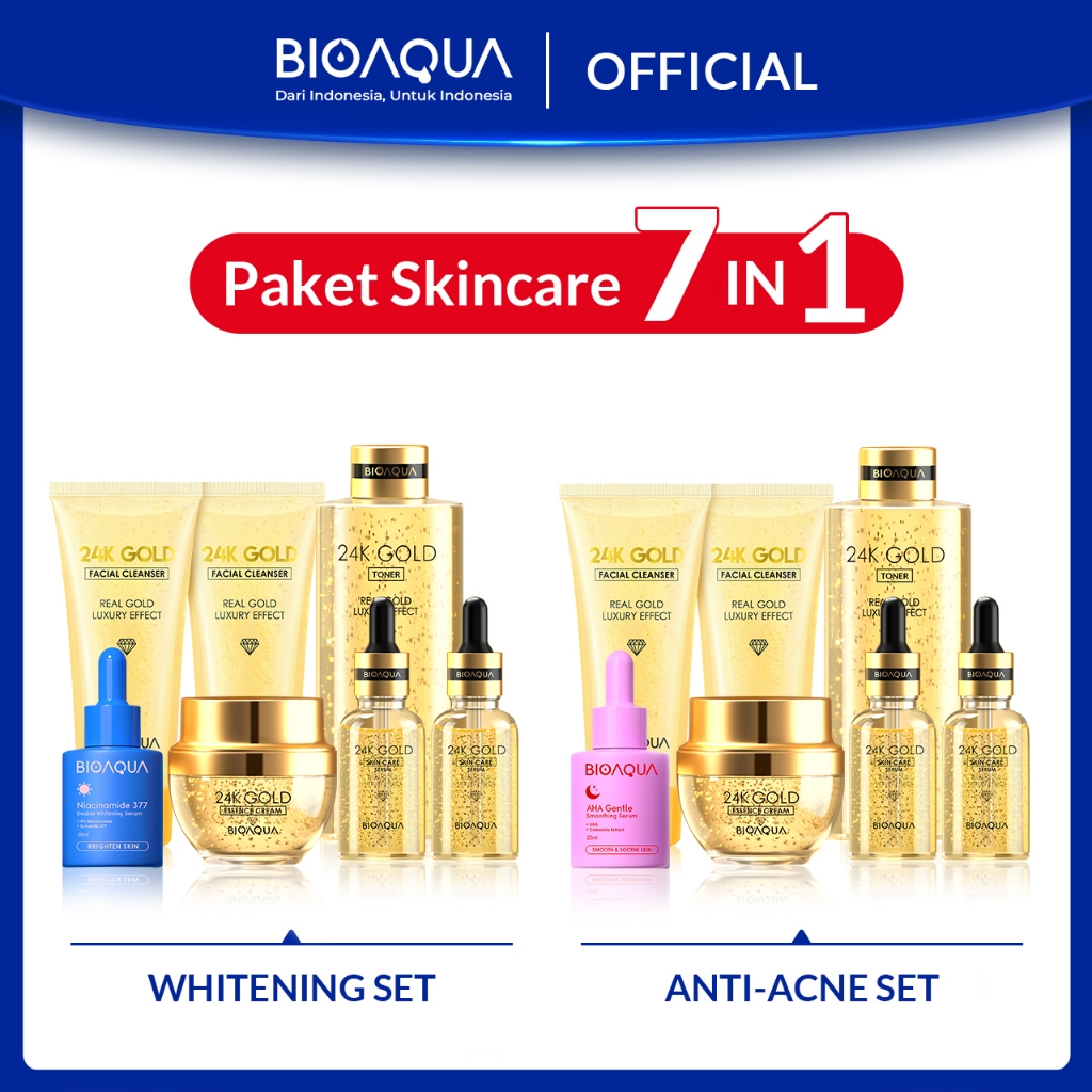 BIOAQUA Skincare 1 Set Lengkap 6pcs With Brightening Serum Wajah / Acne Essence / Day & Night Pelemb