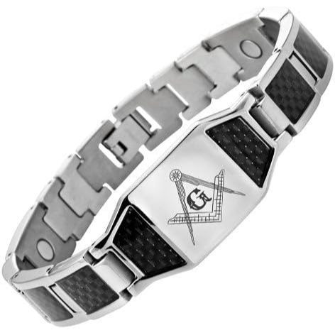 Gelang MasonicMan Men's Titanium Bracelet with Masonic Logo and Black Carbon Fiber Adjustable
