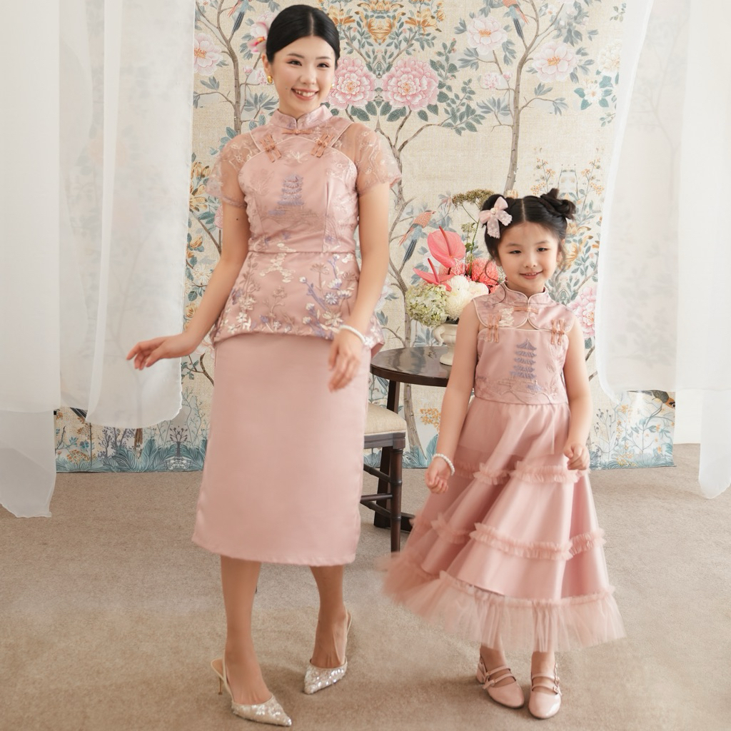 RÚ YÌ - SET FAMILY PINK BAJU IMLEK DRESS IMLEK / DRESS PINK / KEMEJA PINK / CHEONGSAM / QIBAO / LACE