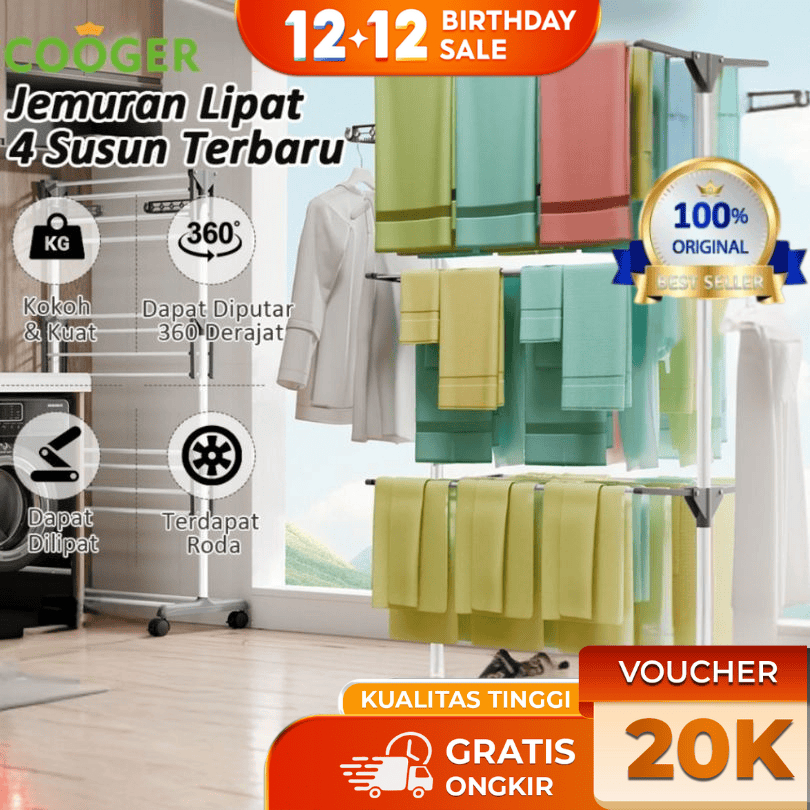 COOGER Rak Jemuran Baju Lipat Pakaian Tempat Jemuran Pakaian Jemuran Handuk Menara Stainless Steel