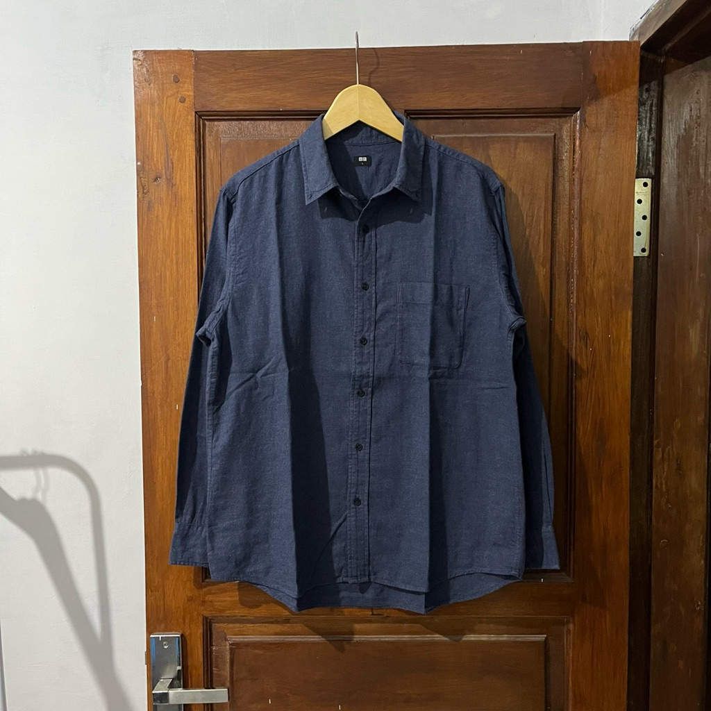 [L-XL] Uniqlo Flannel Cotton Shirt Long Sleeve I Blue Jeans I Vintage Vtg Retro Kemeja Garis-garis S