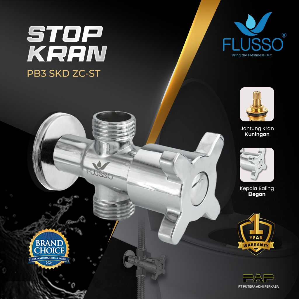 Flusso Stop Kran Cabang Jet Shower Sambungan Selang Kloset WC Duduk 833
