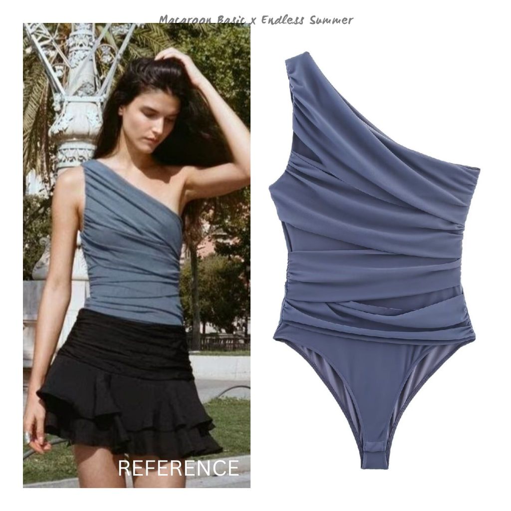 Summer Bodysuit Top - Blue One Shoulder Top - Atasan Bodysuit Sexy Wanita (M)
