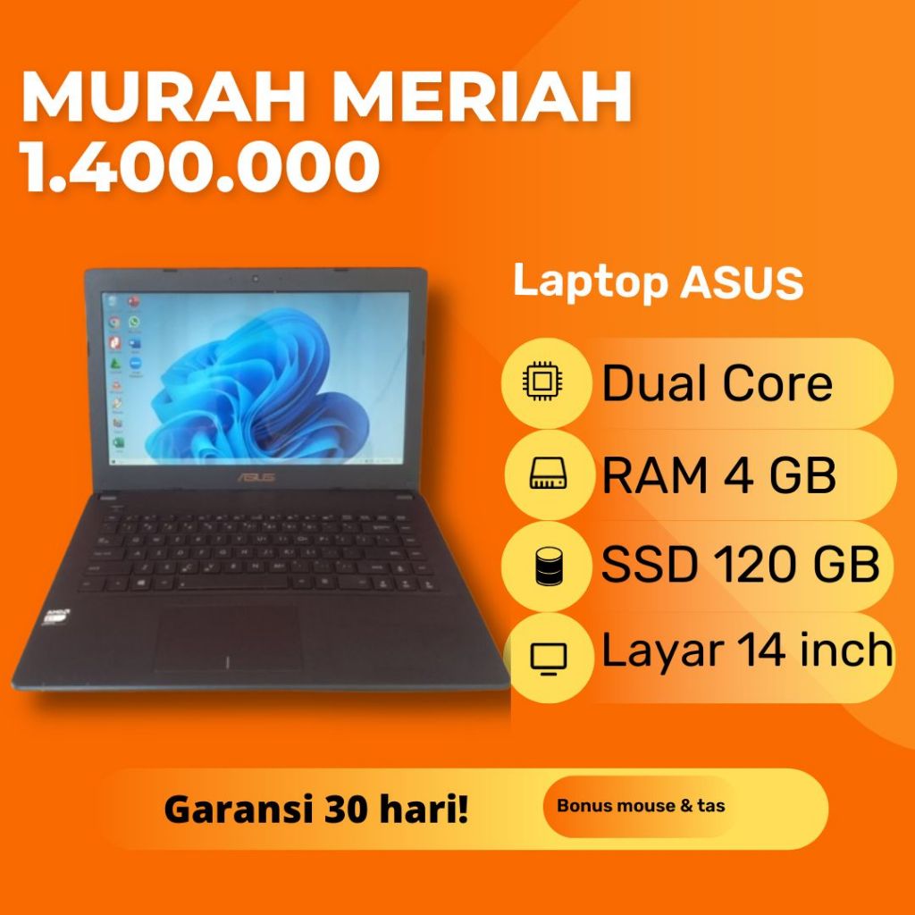 Laptop Asus X452E AMD E1-2500 RAM 4GB SSD 120GB Windows 10 Second Bekas