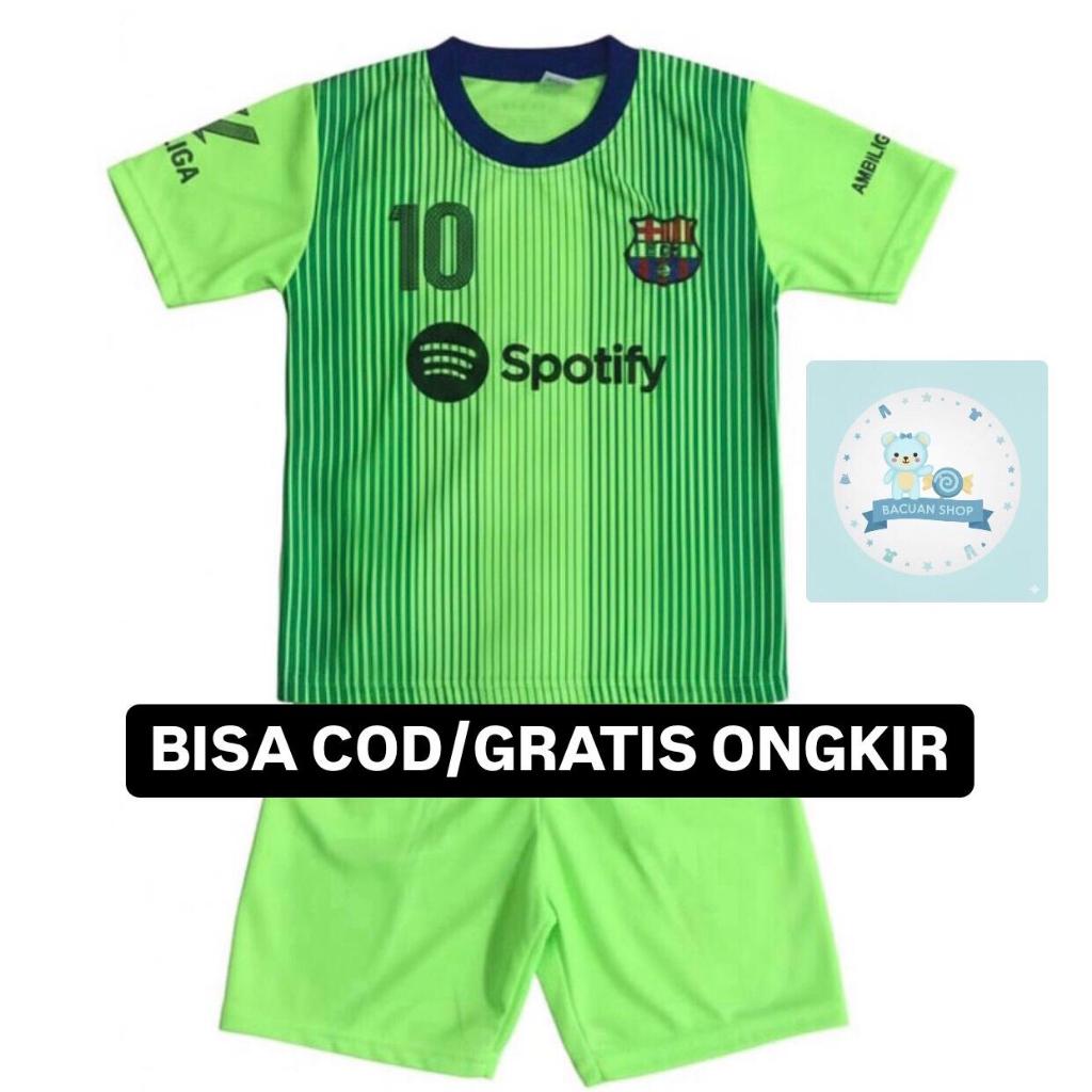 COD / SETELAN BAJU BOLA ANAK TERBARU 2025 BARCELONA BARCA HIJAU NEON / SET BAJU BOLA ANAK LAKI LAKI 