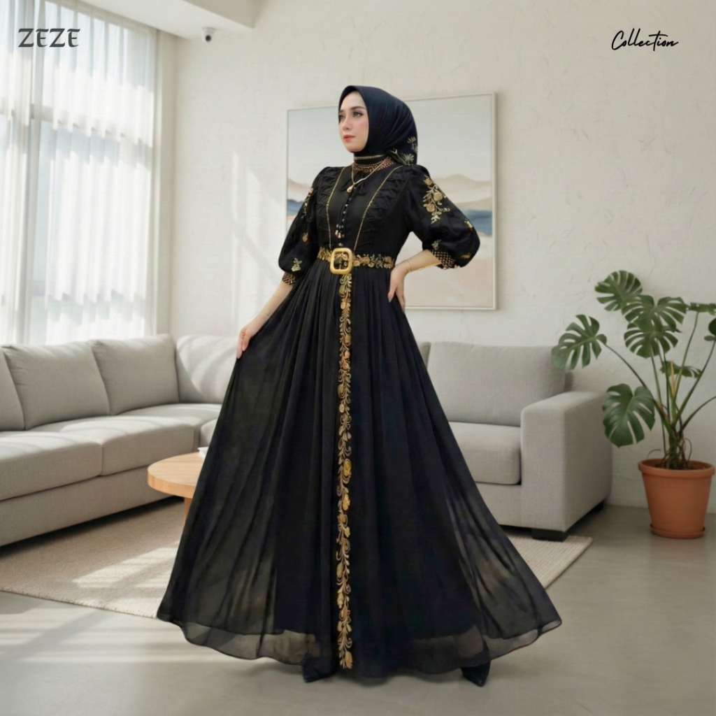 Zeze - KANAYA DRESS Ceruty Baby Doll full furing Aplikasi Bordir Gamis Mewah Bandung warna Hitam