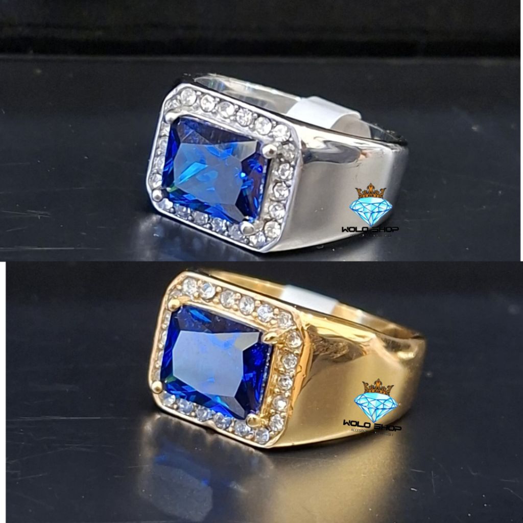 Cincin Pria Blue Topaz Ring Titanium Berkulitas Super Mewah