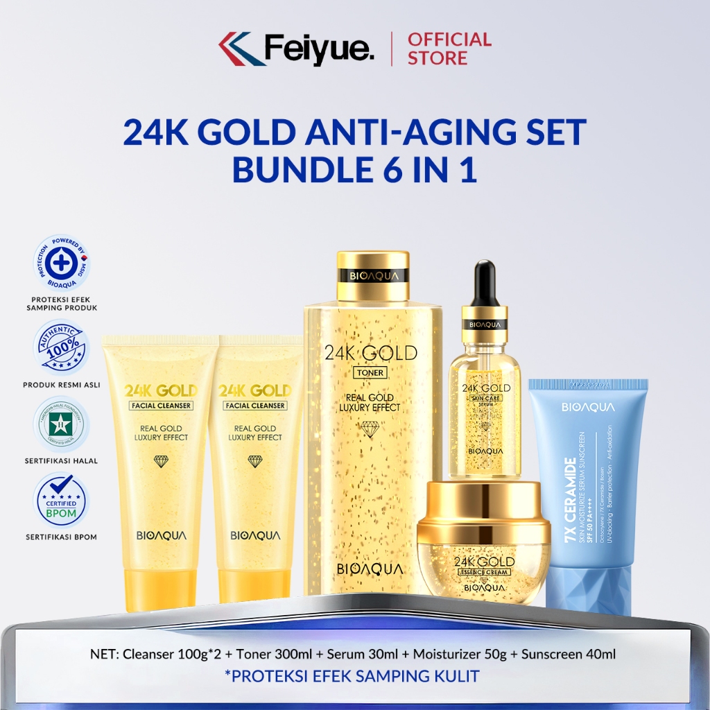 Feiyue x BIOAQUA Skincare 1 Set Lengkap 24K Gold Anti-aging Facial Skincare Paket With Moisturizer C