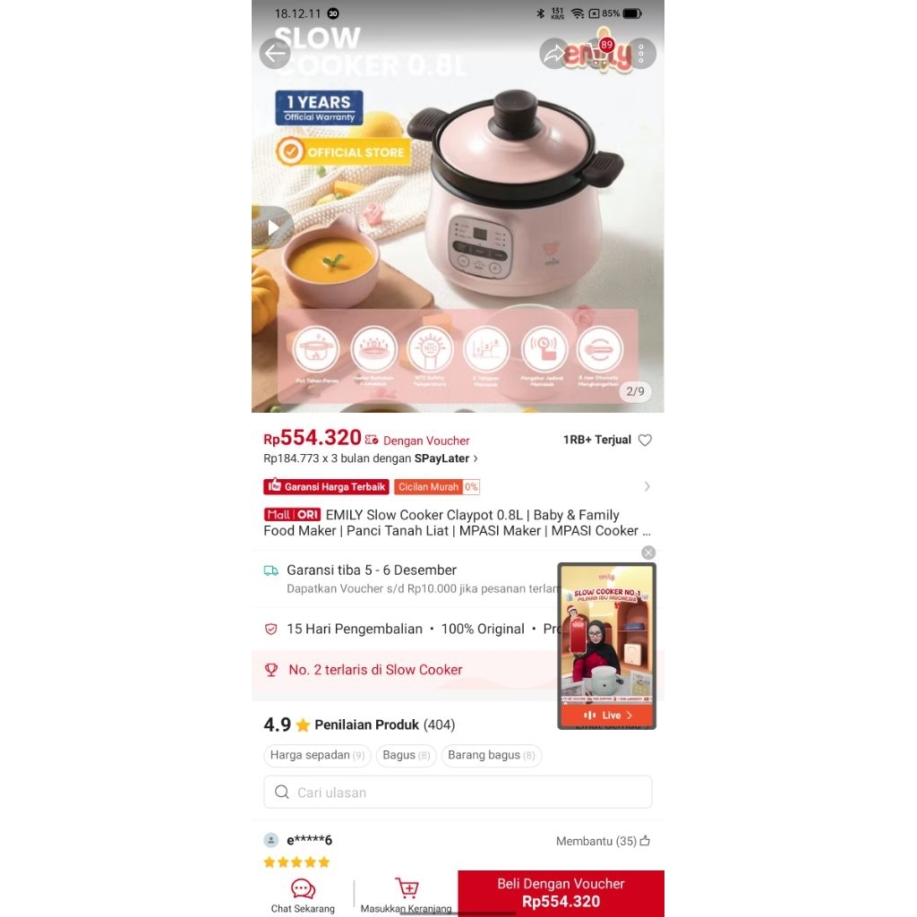 preloved emily slow cooker claypot 0.8L ESC 35004 mpasi nego