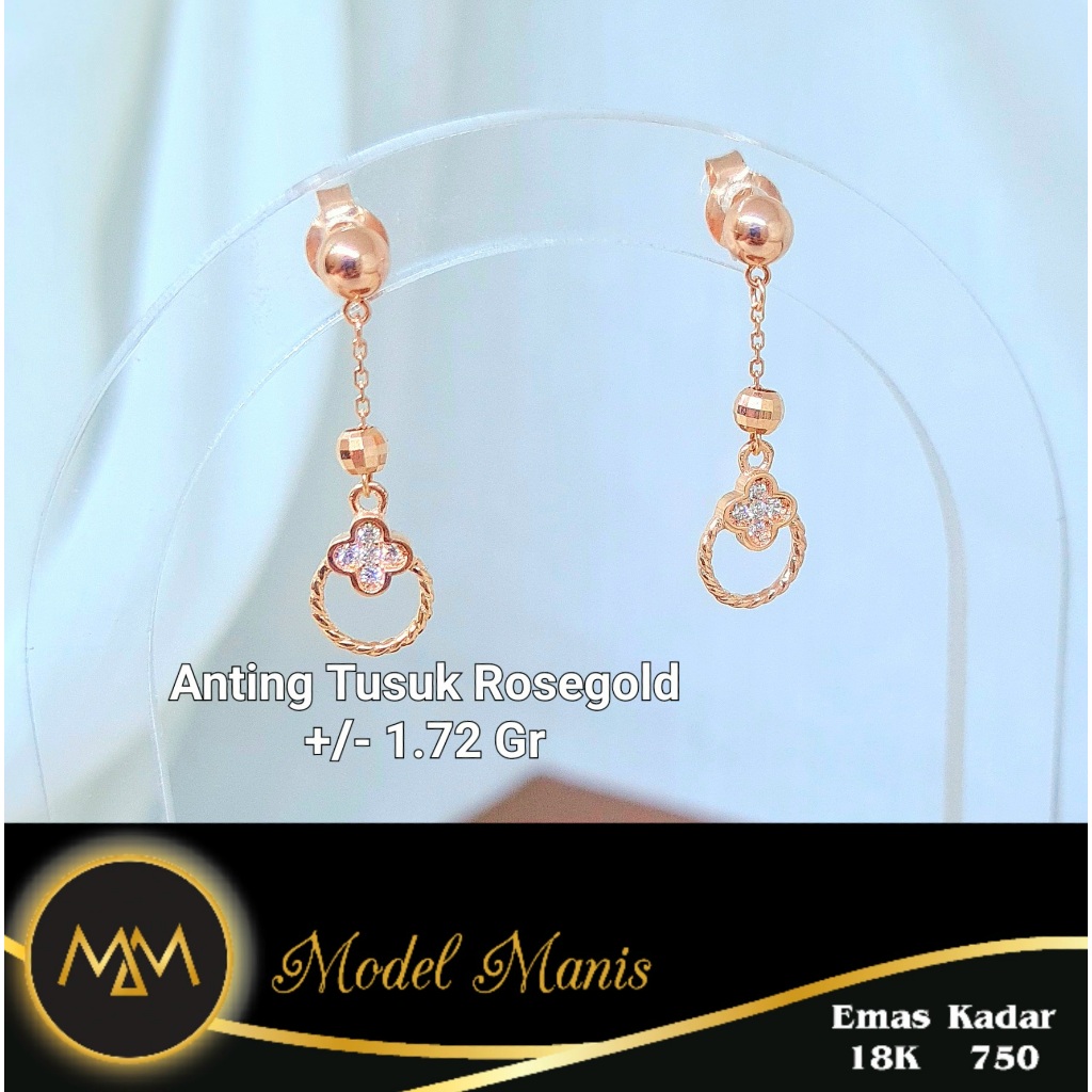 Anting Tusuk Clover Panjang Italy AU Rosegold 750 kadar 18k