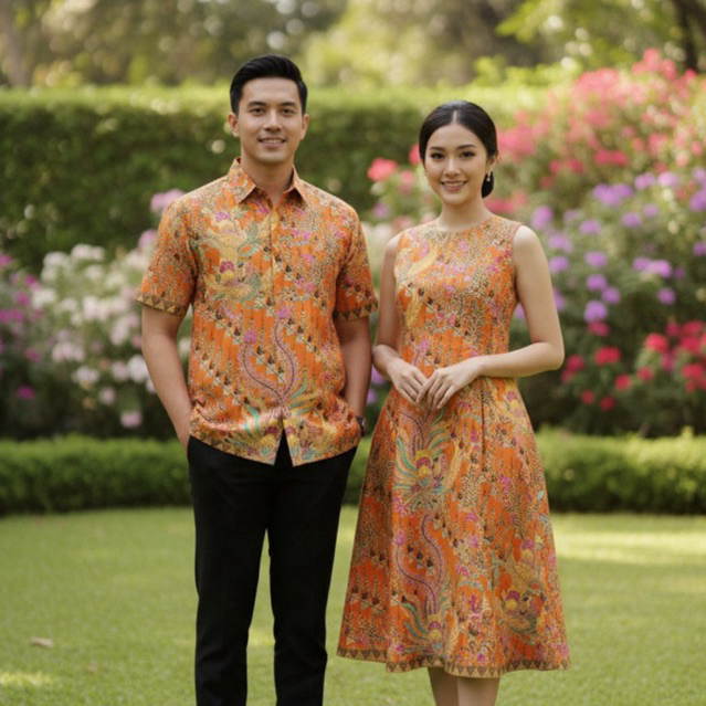 Kain Dobby - Sarimbit Batik Premium Couple Tirtayasa Orange | Hem Pria & Dress Wanita Elegan | Omah 