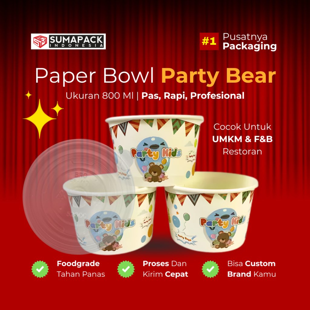Paper Bowl 800 ml | Paper Rice Bowl | Mangkok Kertas | Motif Party Bear