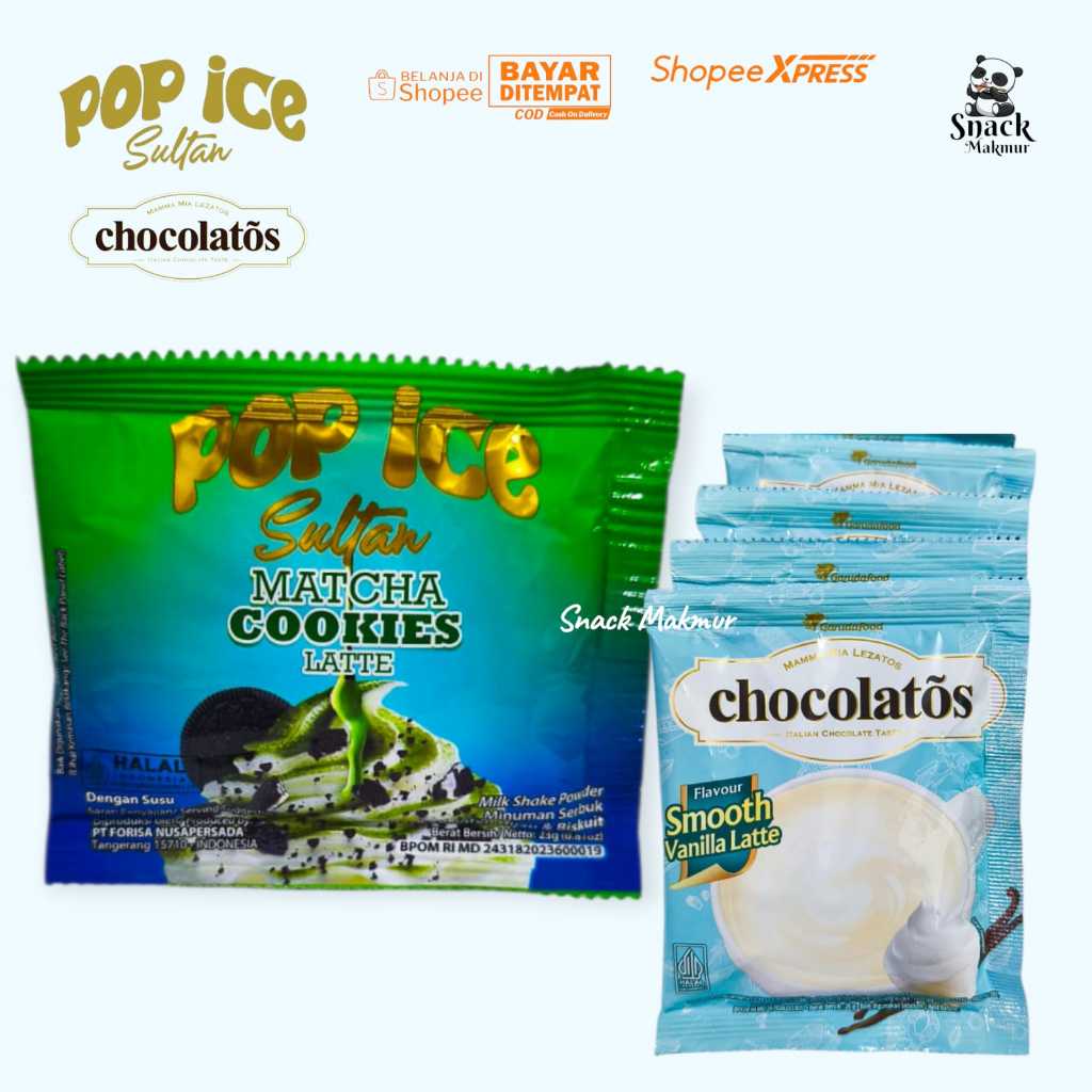 POP ICE SULTAN MATCHA COOKIES DAN CHOCOLATOS DRINK VANILA LATTE HARGA PER 2 VARIAN PRODUK 2 RENCENG 