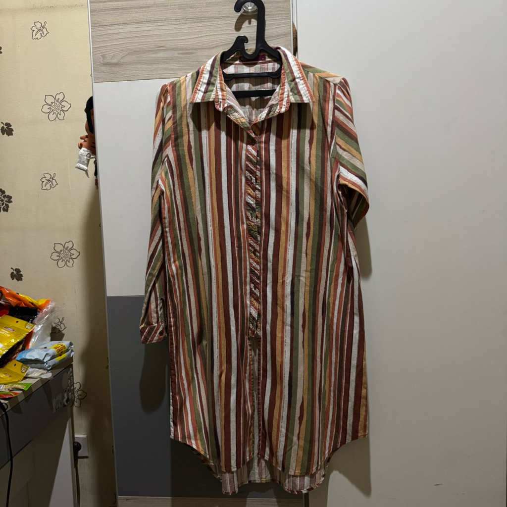 Kemeja Tunik wanita panjang shiny garis garis katun rayon muslim adem