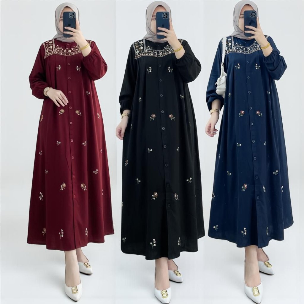 Gendhis Dress Wanita Kekinian Rayon Bordir Gamis Pesta Elegan Baju Muslim Lengan Balon LD 110 cm