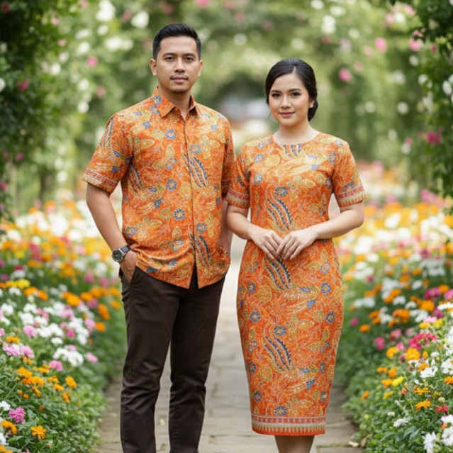 Kain Katun - Sarimbit Batik Premium Couple Pucuk Arum Orange | Hem Pria & Dress Wanita Elegan | Omah