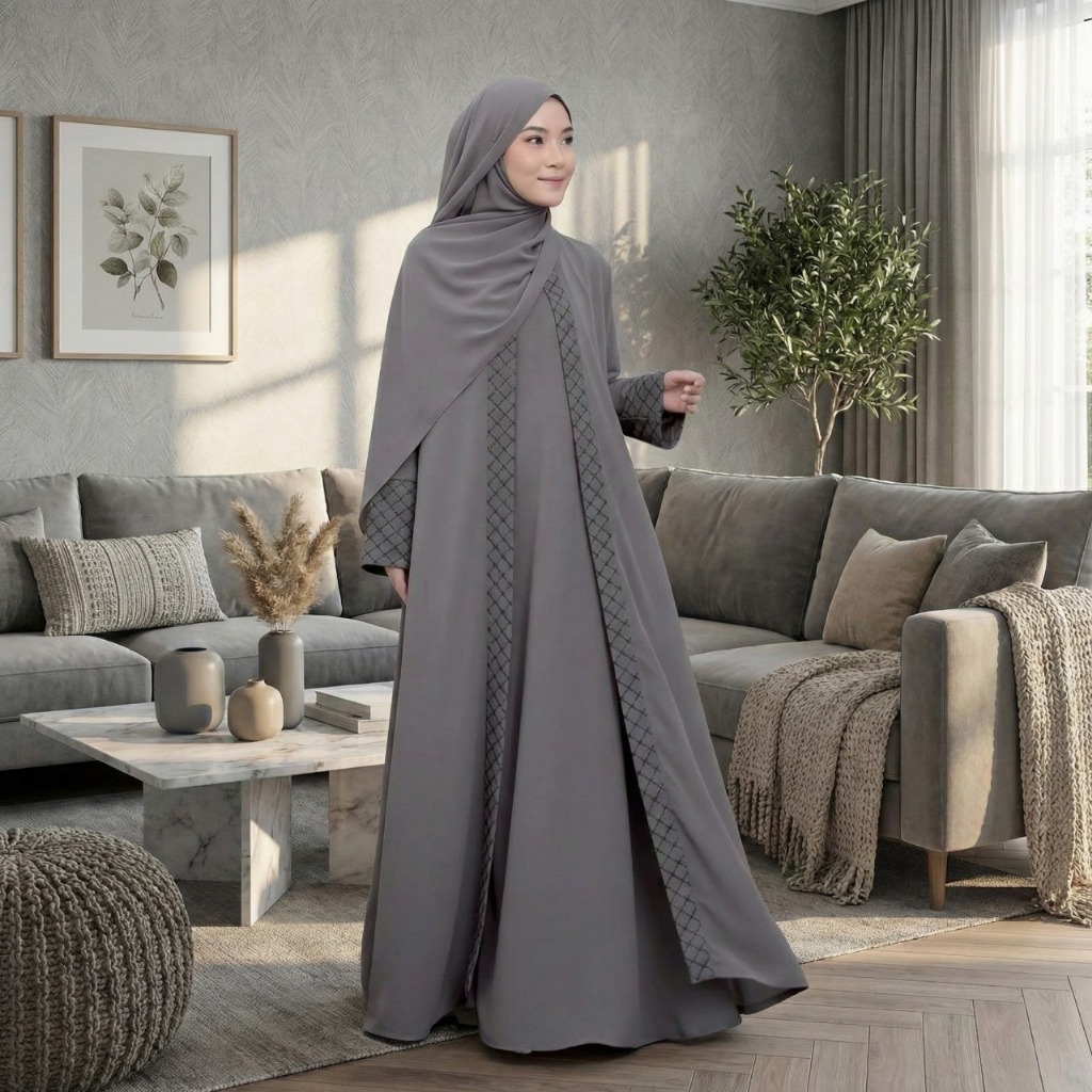 Melissa Abaya Grey Terbaru Gamis Pesta Bahan Ceruty Babydoll Mix Tille Kotak Premium