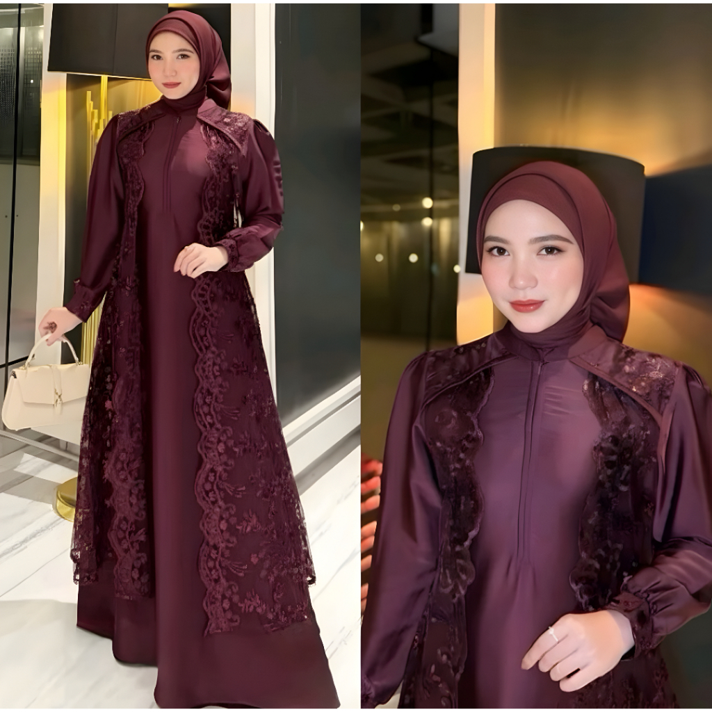 Marbela Dres Gamis Kondangan Mewah Terbaru Gamis Satin Velvet Kombinasi Brukat Premium Gaun Mahogany