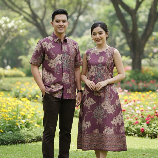 Kain Dobby - Sarimbit Batik Premium Couple Semen Kencana Ungu | Hem Pria & Dress Wanita Elegan | Oma