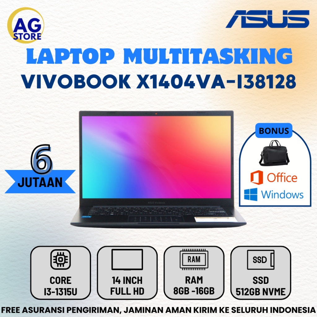 Baru Laptop Asus VivoBook X1404VA-I38128 Core i3-1315U Ram 16Gb Ssd 1Tb 14" Full HD Windows 11
